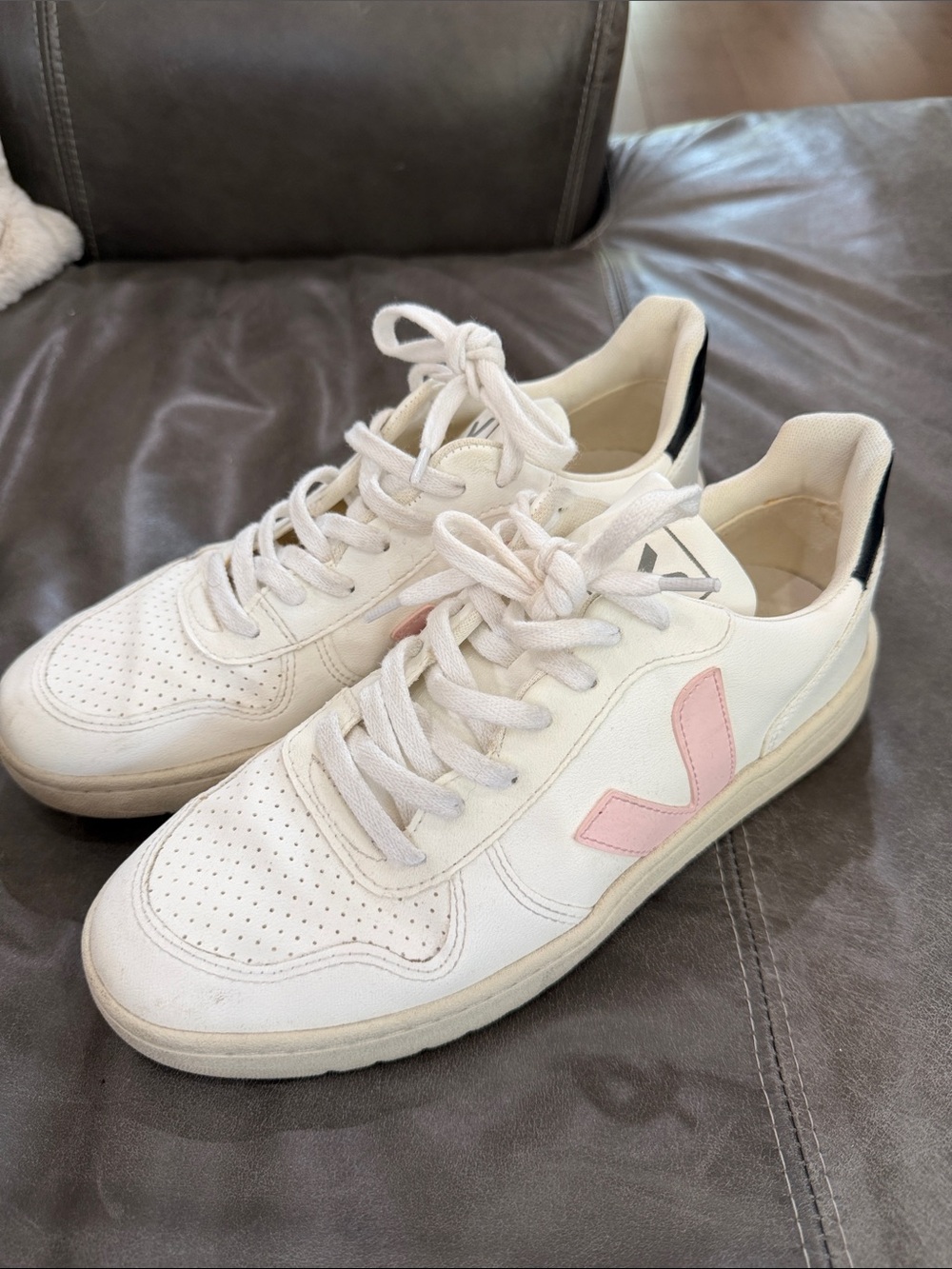 Veja White Sneakers with Pink V and Black Heel Tab
